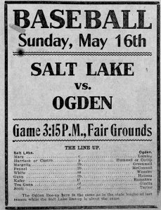 Advertisement for a 1909 Utah State League game between Salt Lake City and Ogden.  Hausen played third base. 